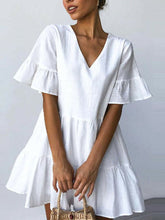 Women Cotton V-neck Ruffle Sleeve Holiday Loose Solid Color Mini Dress